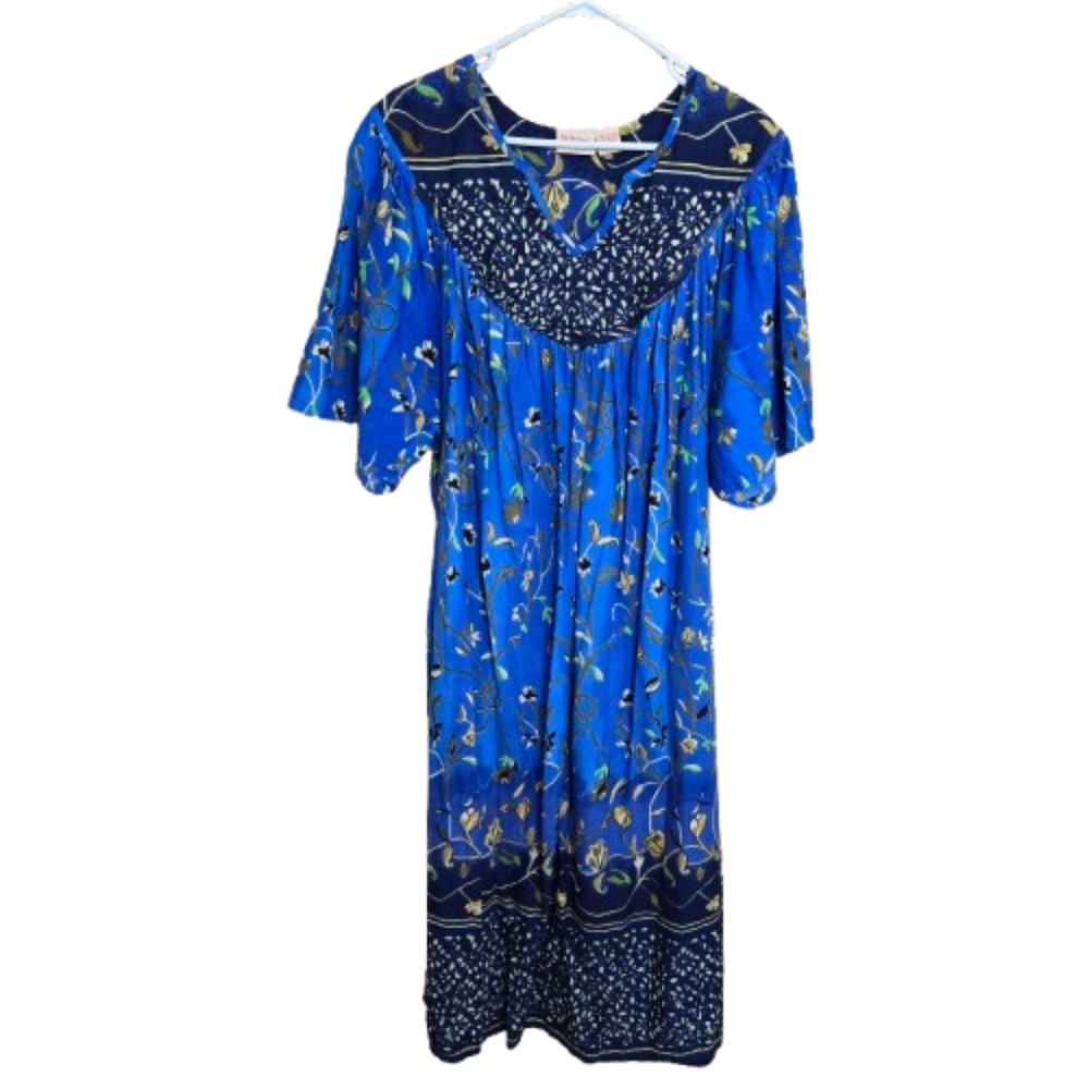 The Vermont Country Store Blue Flower Print Cotton Maxi Mumu Dress 3X